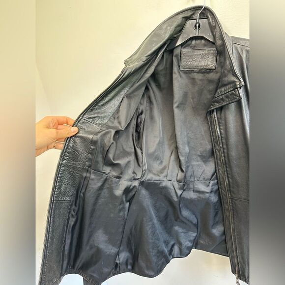 Jacqueline Ferrar 90's Vintage Black Leather Jacket Mid Length Waist Tie Size M - Picture 9 of 11